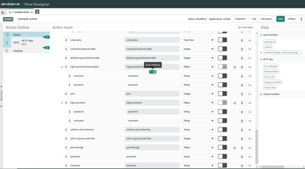 showing the ServiceNow® inputs